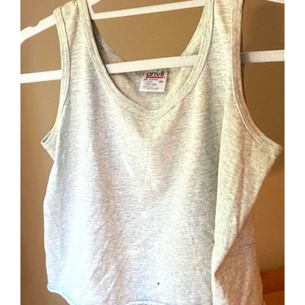 Vintage 90s Anvil Womens Medium Gray Thrashed Distressed Crop Tank Top Made USA